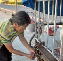 老婦自制籠子校車防人販子 遠看成道路風景